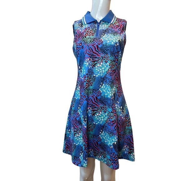 FREEYE Golf Tennis Dresses Sleeveless Inner Shorts ＆ Pockets Leopard Blue Small - Picture 1 of 8